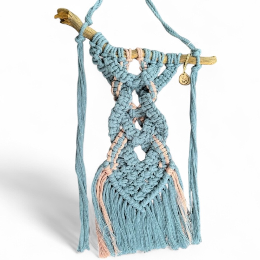 Handmade Blue and Pink Macrame Wall Hanging with Driftwood